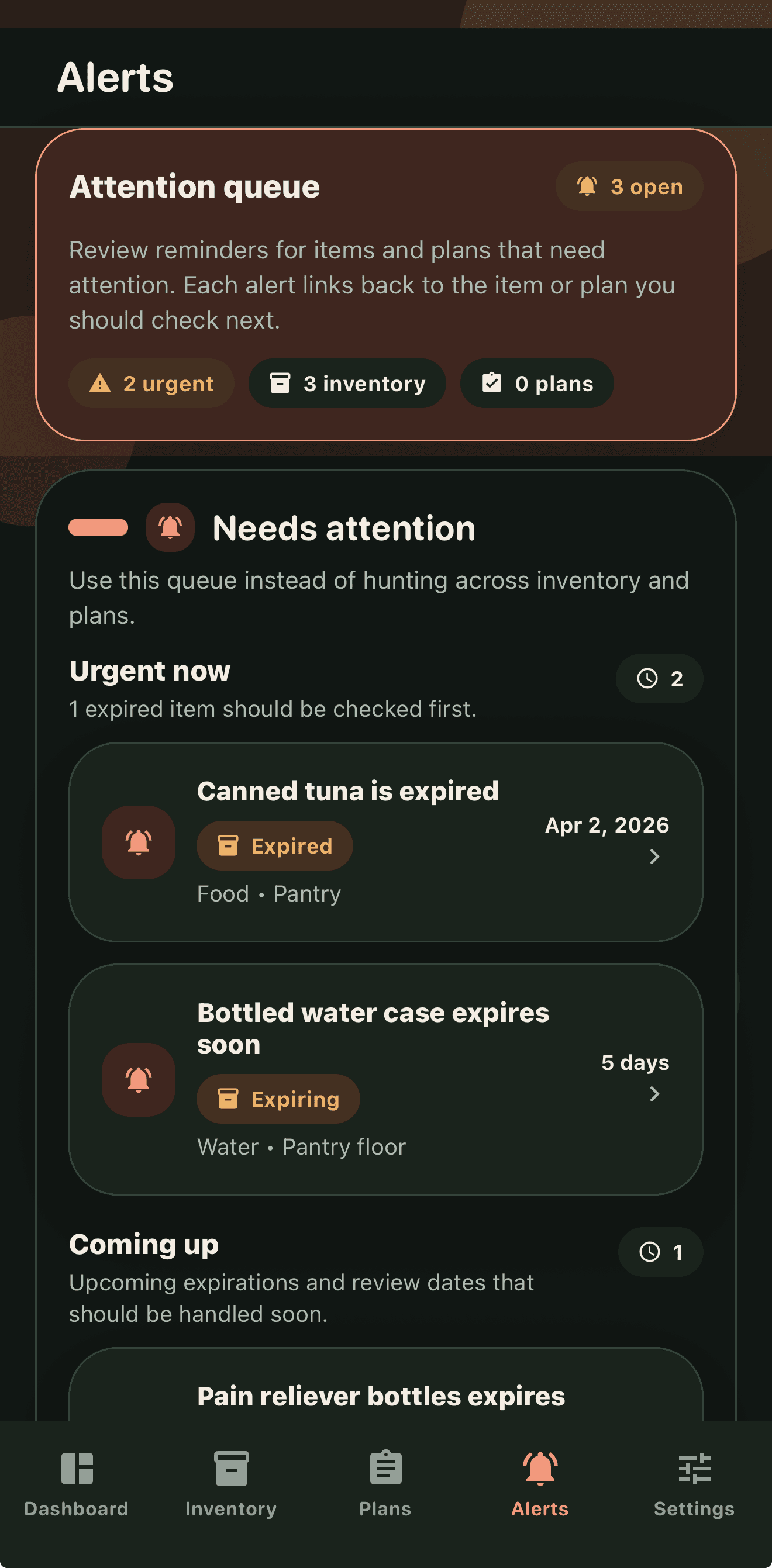 Time to Prepare alerts screen listing expiring items, review reminders, and plan gaps needing attention.