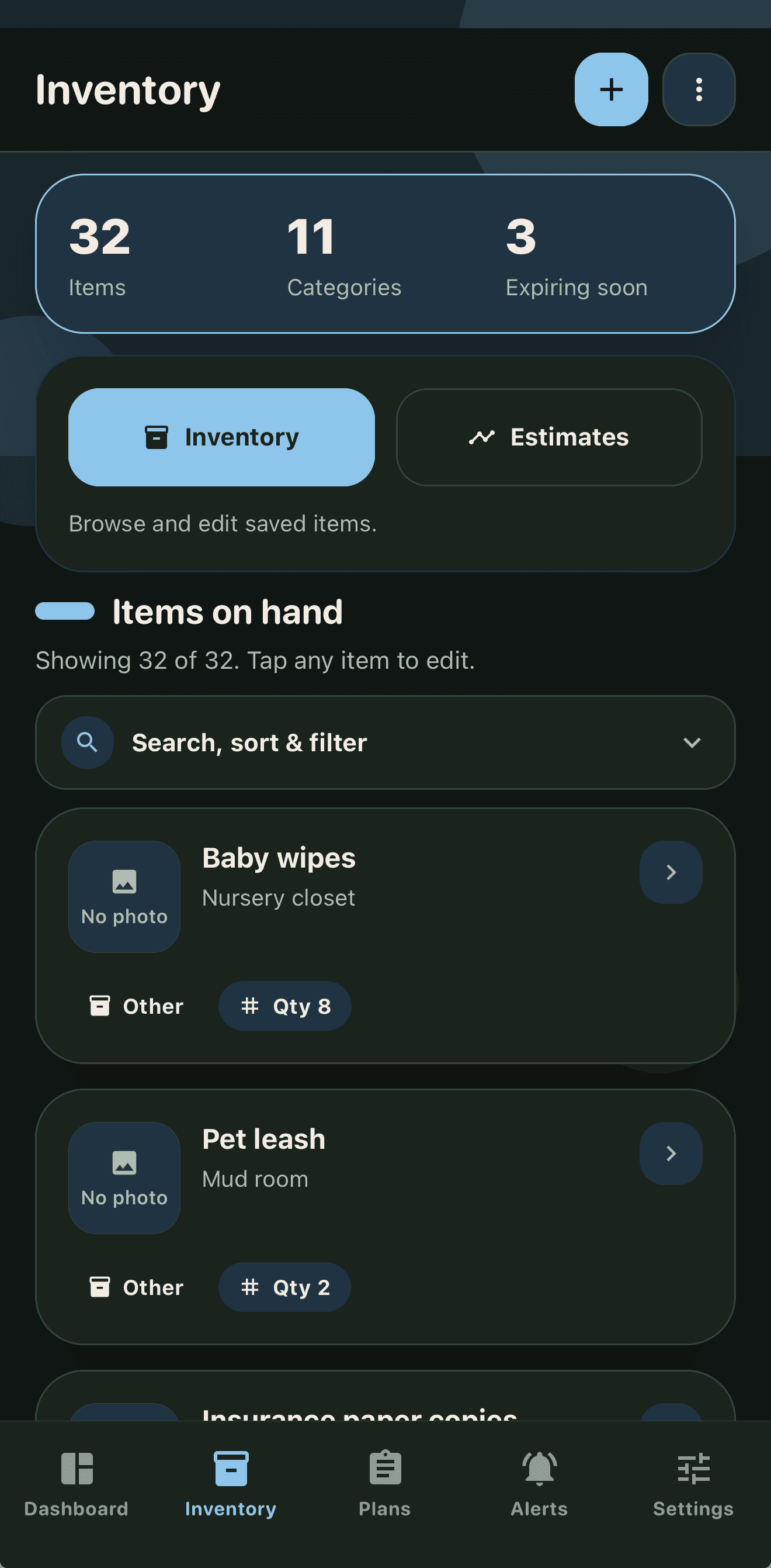 Time to Prepare inventory screen showing tracked supplies, search tools, filters, and coverage information.