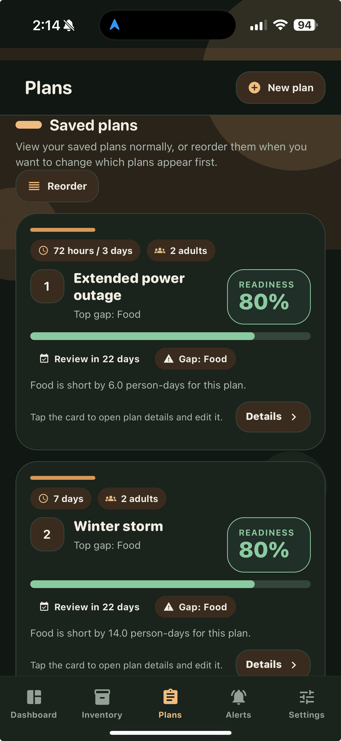 Time to Prepare plans screen showing preparedness plans and readiness scores for household scenarios.