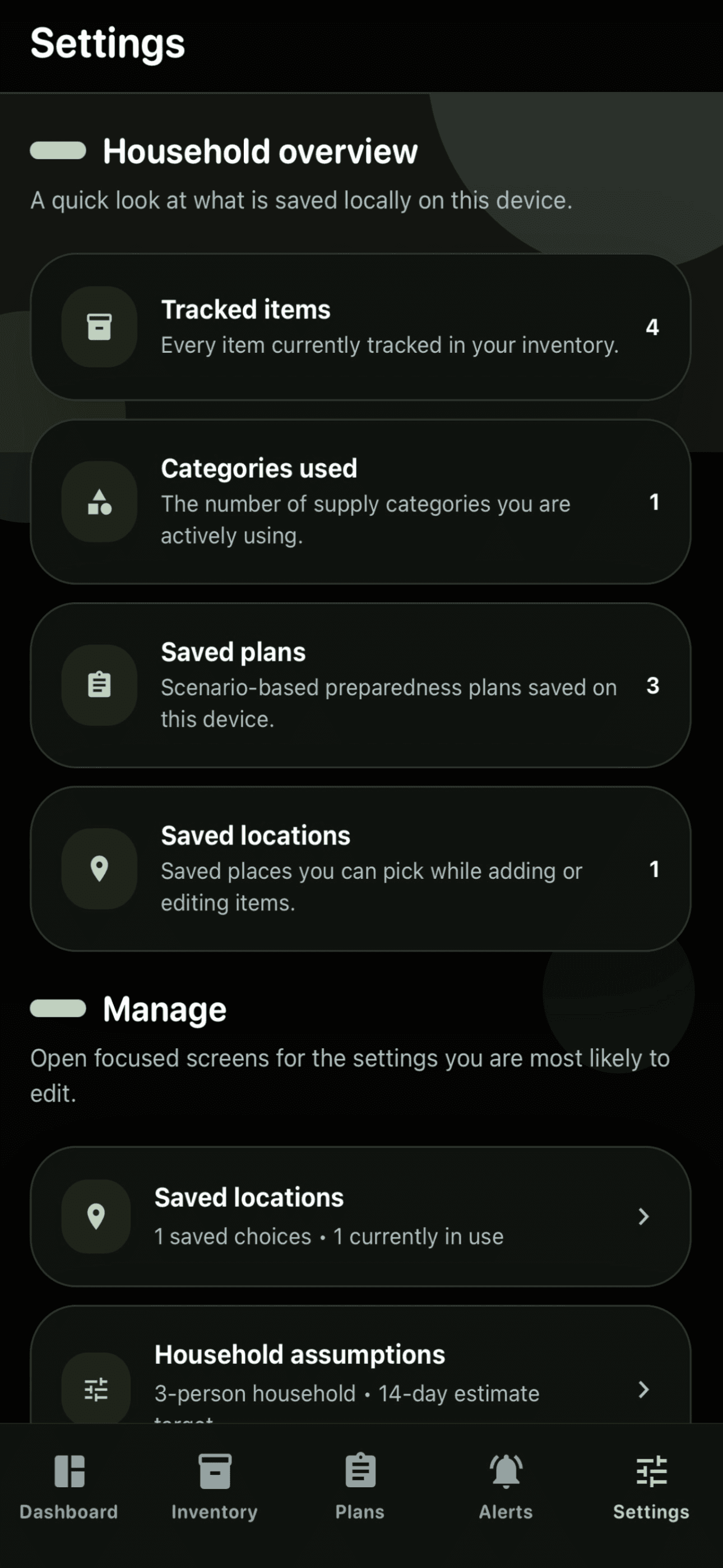 Time to Prepare settings screen showing household assumptions, backup, and app configuration options.